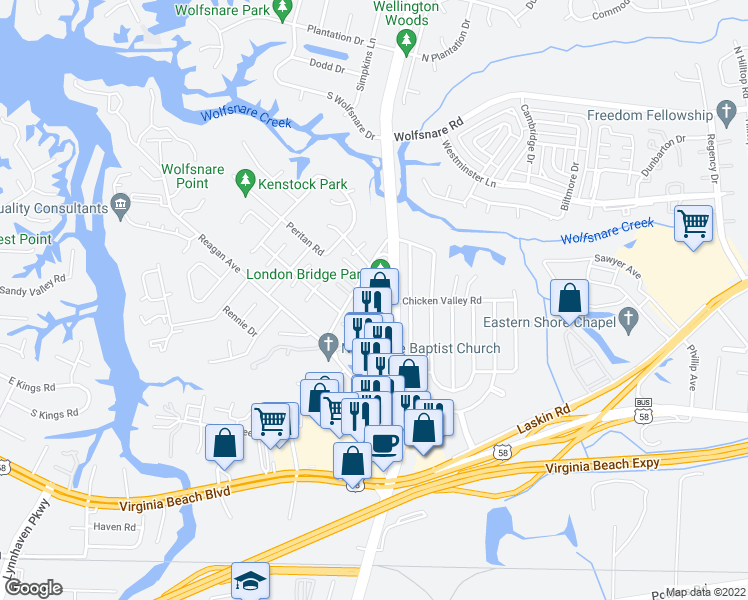 map of restaurants, bars, coffee shops, grocery stores, and more near 2317 Cornick Drive in Virginia Beach