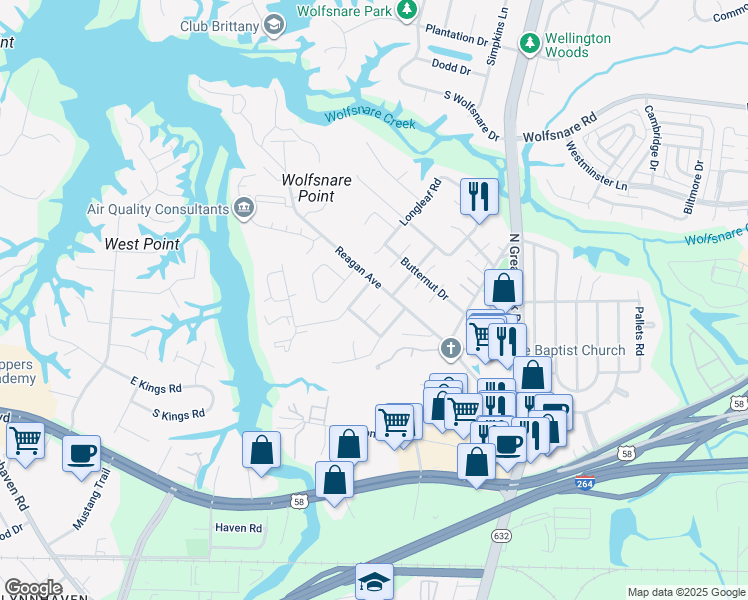 map of restaurants, bars, coffee shops, grocery stores, and more near 423 Rennie Court in Virginia Beach