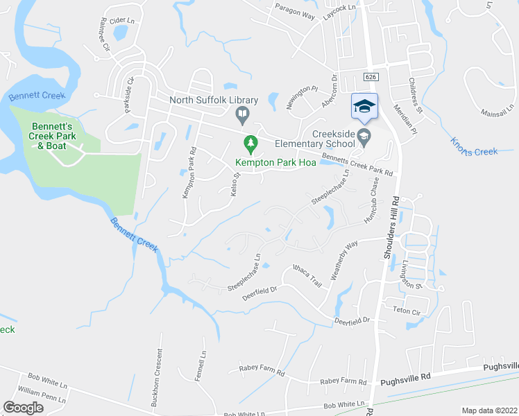 map of restaurants, bars, coffee shops, grocery stores, and more near 3720 Bridlepath Lane in Suffolk