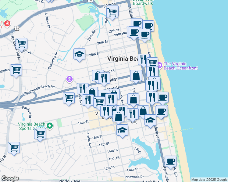 map of restaurants, bars, coffee shops, grocery stores, and more near 512 21st Street in Virginia Beach