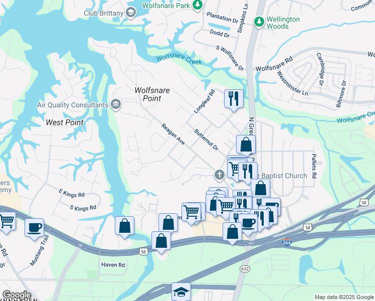 map of restaurants, bars, coffee shops, grocery stores, and more near 410 Rennie Court in Virginia Beach