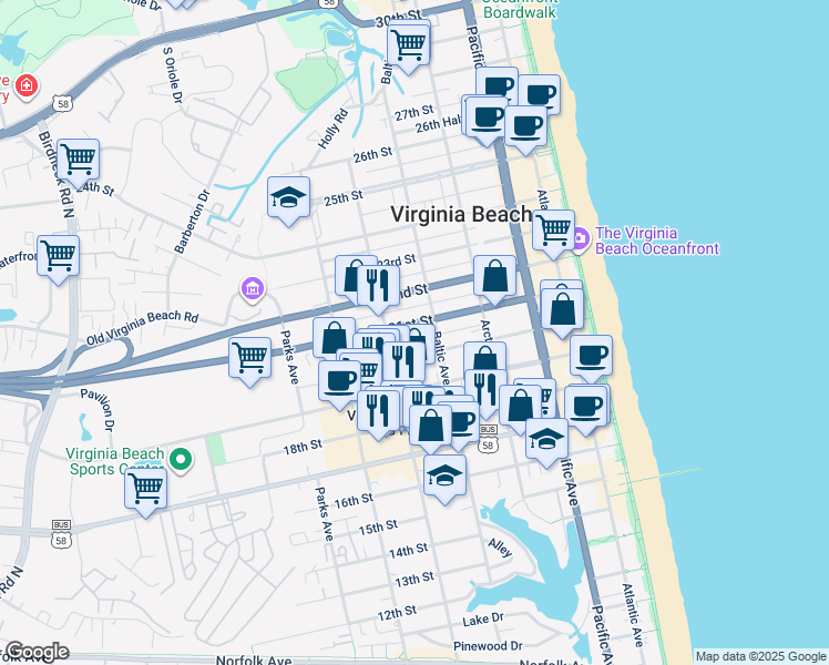 map of restaurants, bars, coffee shops, grocery stores, and more near 512 21st Street in Virginia Beach