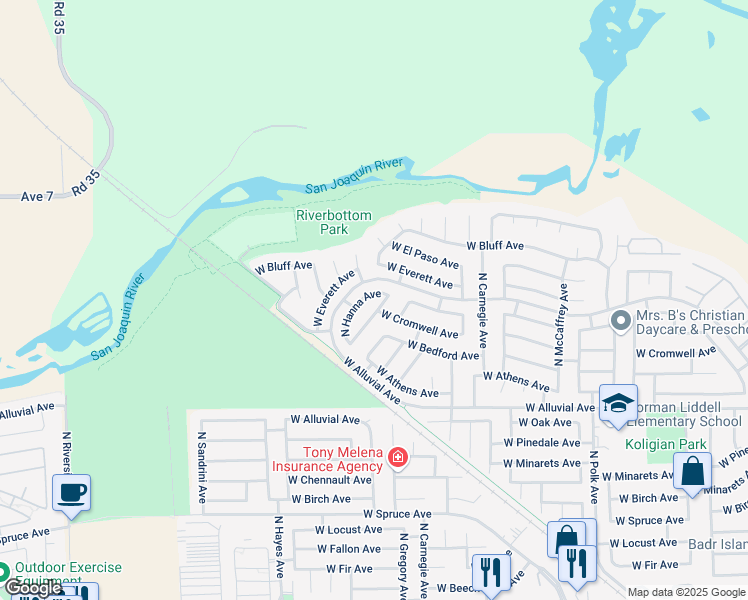 map of restaurants, bars, coffee shops, grocery stores, and more near 7627 North Bain Avenue in Fresno