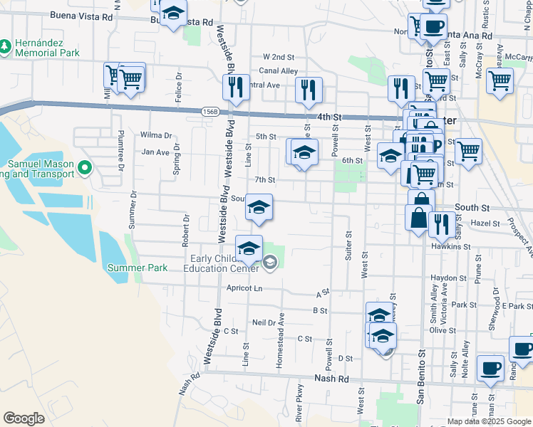 map of restaurants, bars, coffee shops, grocery stores, and more near 805 South Street in Hollister