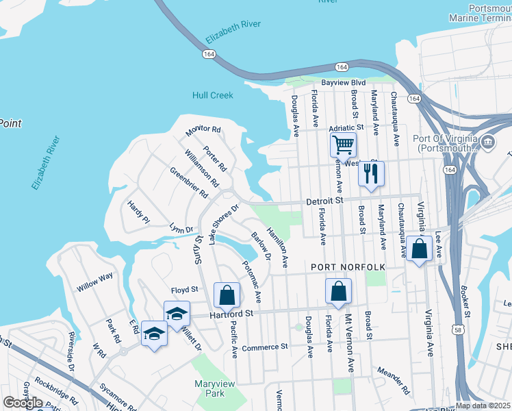 map of restaurants, bars, coffee shops, grocery stores, and more near 3137 Detroit Street in Portsmouth
