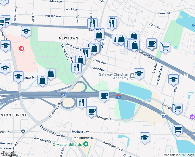 map of restaurants, bars, coffee shops, grocery stores, and more near 5757 Cleveland Street in Virginia Beach