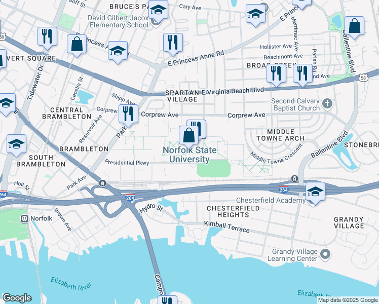 map of restaurants, bars, coffee shops, grocery stores, and more near 700 Park Avenue in Norfolk