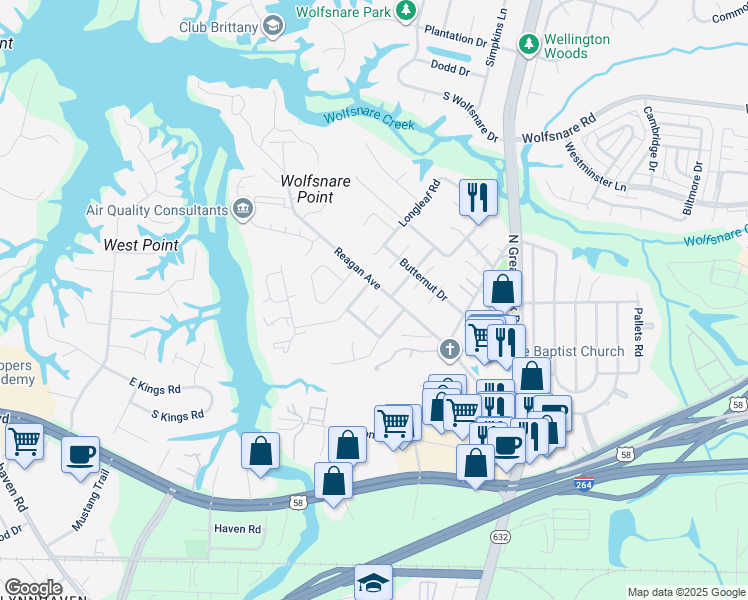 map of restaurants, bars, coffee shops, grocery stores, and more near 425 Rennie Court in Virginia Beach