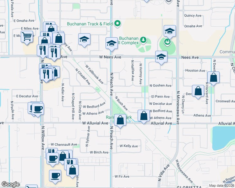 map of restaurants, bars, coffee shops, grocery stores, and more near 964 North Bush Avenue in Clovis