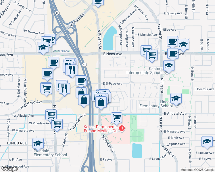 map of restaurants, bars, coffee shops, grocery stores, and more near 7569 North Augusta Street in Fresno