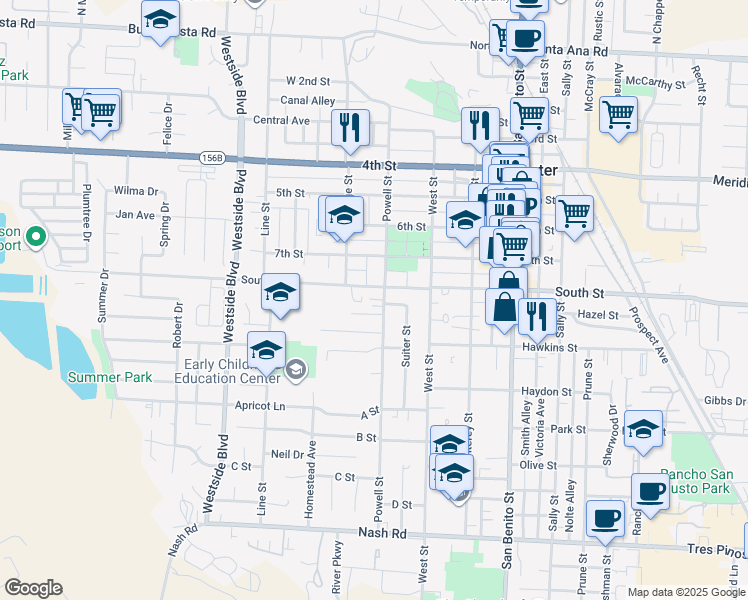 map of restaurants, bars, coffee shops, grocery stores, and more near 620 Wiebe Way in Hollister