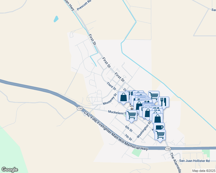 map of restaurants, bars, coffee shops, grocery stores, and more near 44 Church Street South in San Juan Bautista