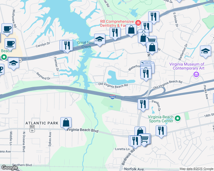 map of restaurants, bars, coffee shops, grocery stores, and more near 528 Ocean Trace Arch in Virginia Beach