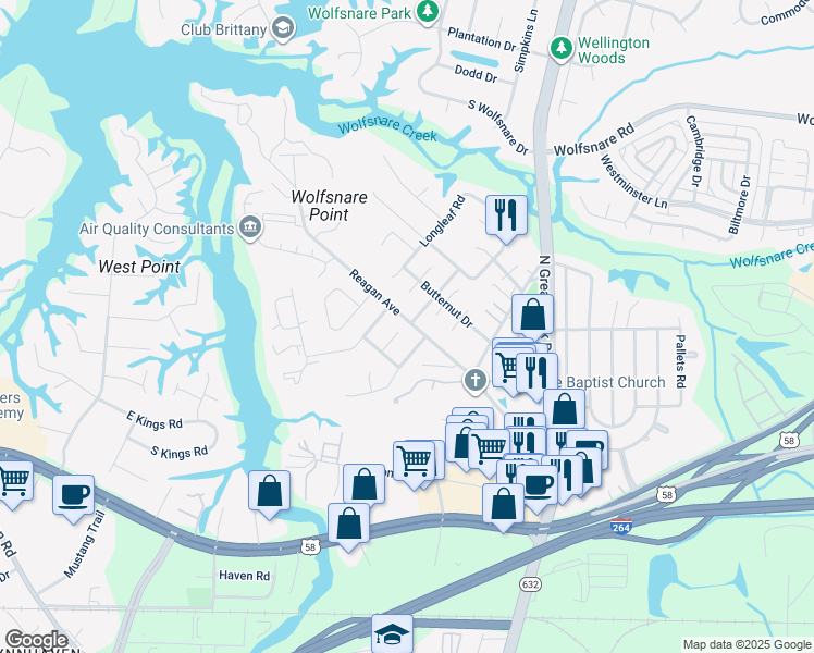map of restaurants, bars, coffee shops, grocery stores, and more near 410 Rennie Court in Virginia Beach