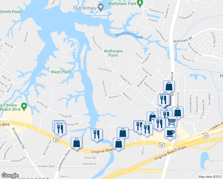 map of restaurants, bars, coffee shops, grocery stores, and more near 2502 Back Acres Road in Virginia Beach