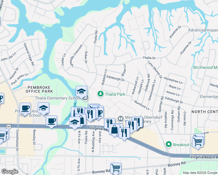 map of restaurants, bars, coffee shops, grocery stores, and more near 4144 Rundel Lane in Virginia Beach