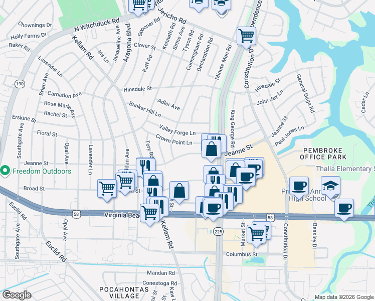 map of restaurants, bars, coffee shops, grocery stores, and more near 4705 Jeanne Street in Virginia Beach
