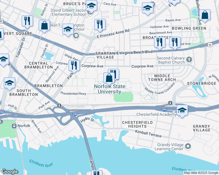 map of restaurants, bars, coffee shops, grocery stores, and more near 700 Park Avenue in Norfolk