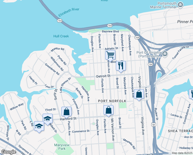map of restaurants, bars, coffee shops, grocery stores, and more near 424 Douglas Avenue in Portsmouth