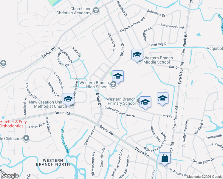 map of restaurants, bars, coffee shops, grocery stores, and more near 1923 Bruin Place in Chesapeake