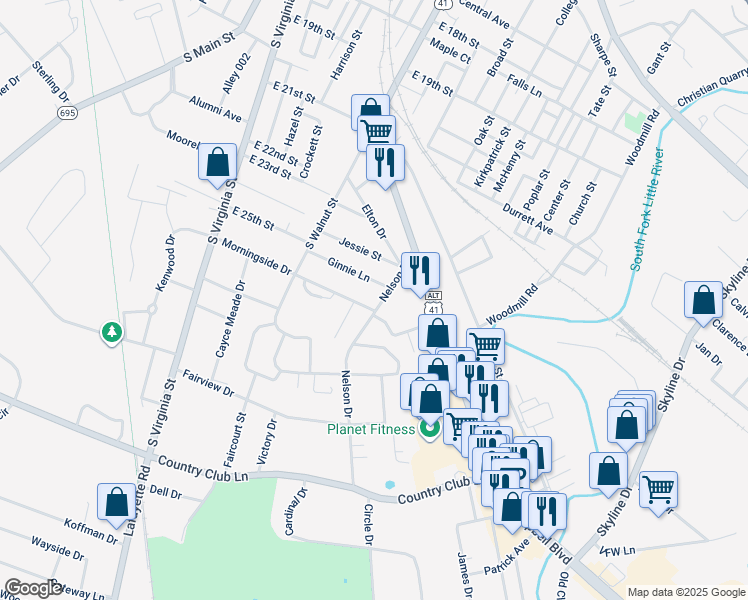 map of restaurants, bars, coffee shops, grocery stores, and more near 2601 Nelson Drive in Hopkinsville