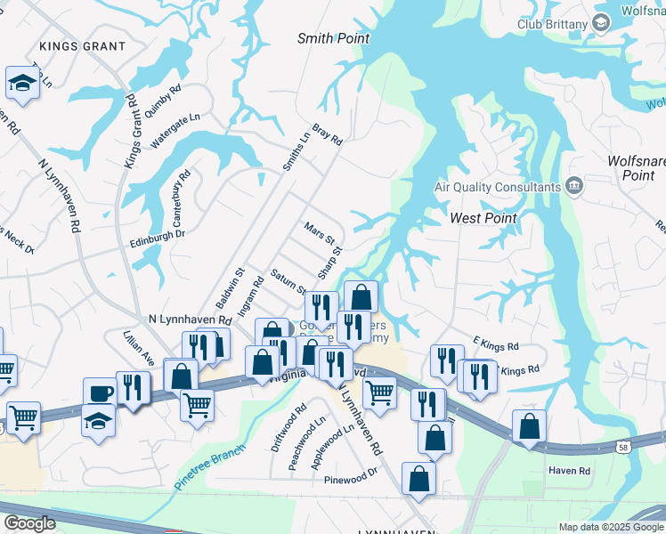 map of restaurants, bars, coffee shops, grocery stores, and more near 480 Sharp Street in Virginia Beach