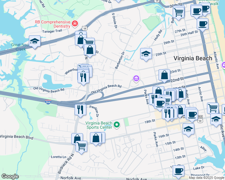 map of restaurants, bars, coffee shops, grocery stores, and more near 424 Barberton Dr in Virginia Beach