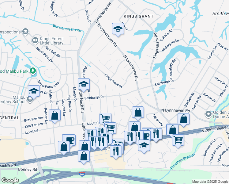 map of restaurants, bars, coffee shops, grocery stores, and more near 441 Beverly Place in Virginia Beach