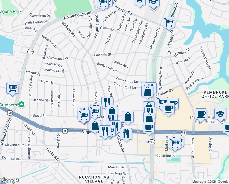 map of restaurants, bars, coffee shops, grocery stores, and more near 404 Ticonderoga Road in Virginia Beach