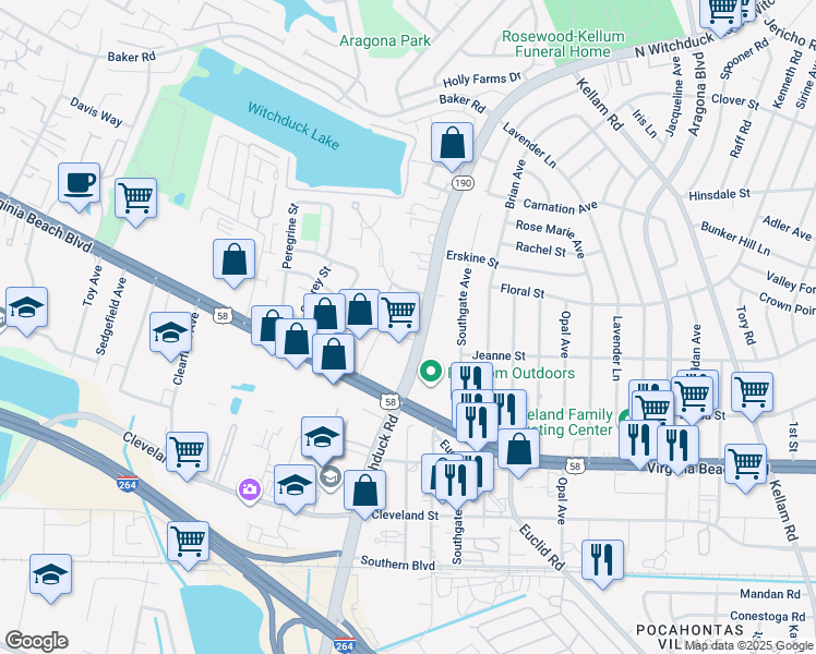 map of restaurants, bars, coffee shops, grocery stores, and more near 5107 Richard Road in Virginia Beach