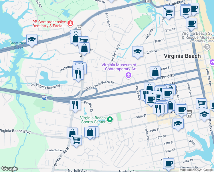 map of restaurants, bars, coffee shops, grocery stores, and more near 863 Elizabeth Court in Virginia Beach