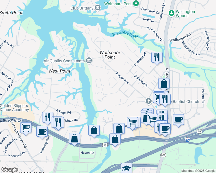 map of restaurants, bars, coffee shops, grocery stores, and more near 2502 Back Acres Road in Virginia Beach