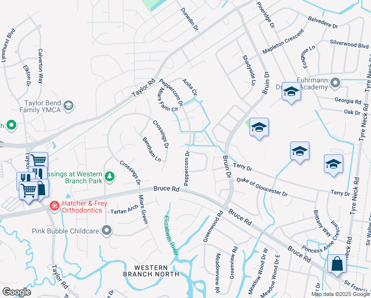 map of restaurants, bars, coffee shops, grocery stores, and more near 4501 Michael Thomas Court in Chesapeake