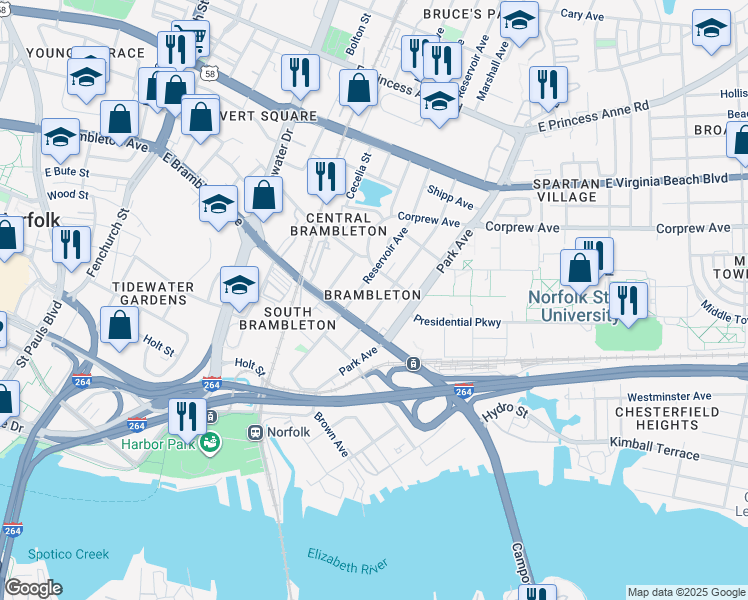 map of restaurants, bars, coffee shops, grocery stores, and more near in Norfolk