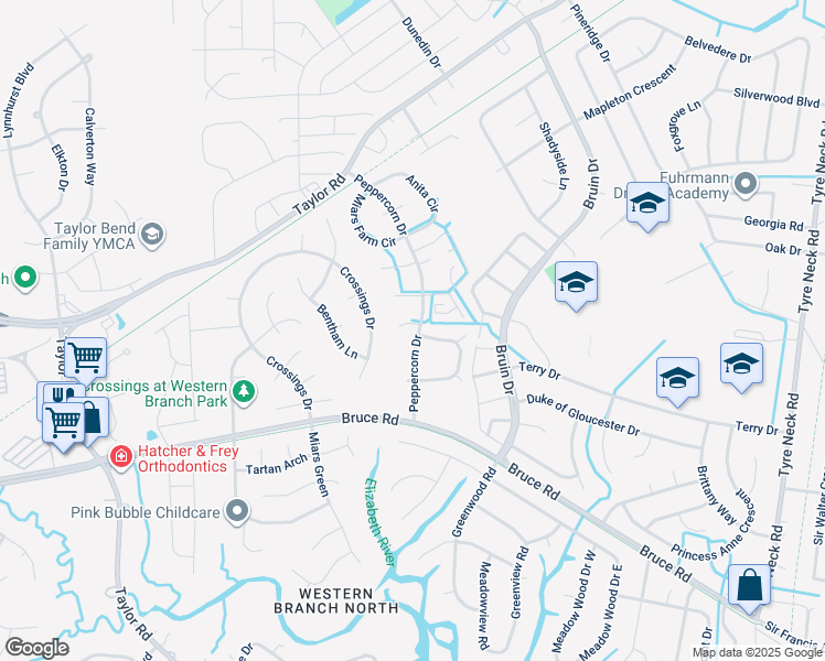 map of restaurants, bars, coffee shops, grocery stores, and more near 4501 Michael Thomas Court in Chesapeake