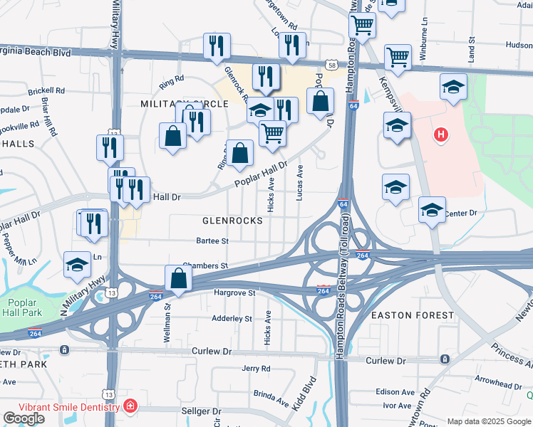 map of restaurants, bars, coffee shops, grocery stores, and more near 437 Hicks Avenue in Norfolk