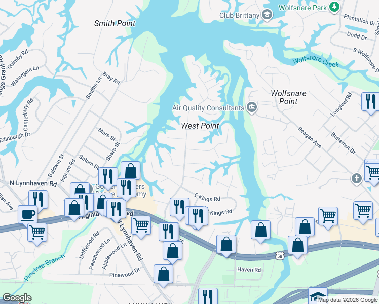map of restaurants, bars, coffee shops, grocery stores, and more near 2712 Mulberry Grove Court in Virginia Beach