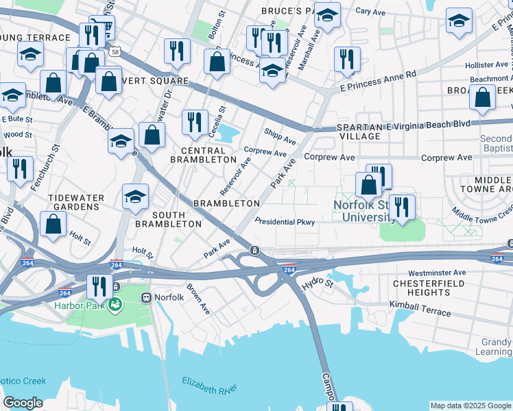 map of restaurants, bars, coffee shops, grocery stores, and more near Park Avenue in Norfolk