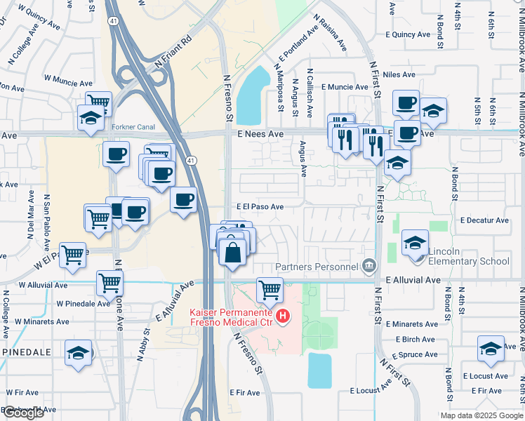 map of restaurants, bars, coffee shops, grocery stores, and more near 7561 North Mariposa Street in Fresno
