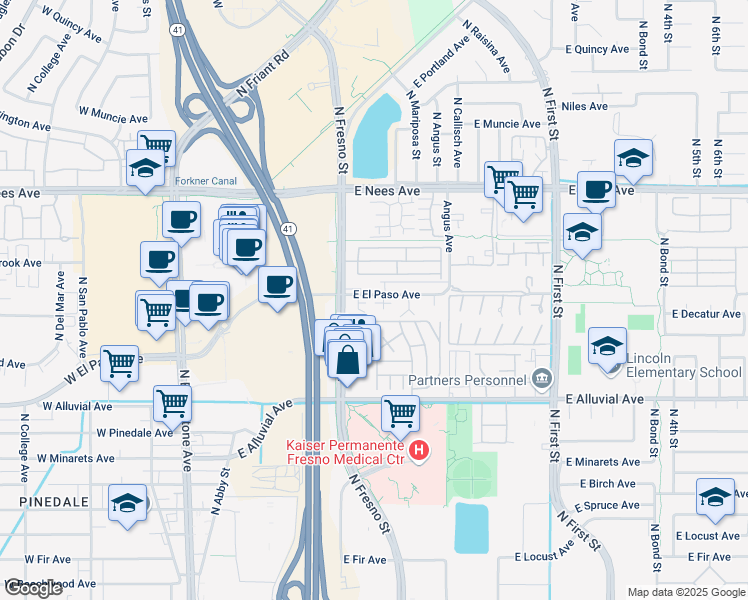 map of restaurants, bars, coffee shops, grocery stores, and more near 7569 North Augusta Street in Fresno