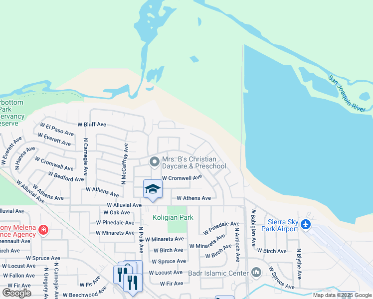 map of restaurants, bars, coffee shops, grocery stores, and more near 7686 North Barcus Avenue in Fresno