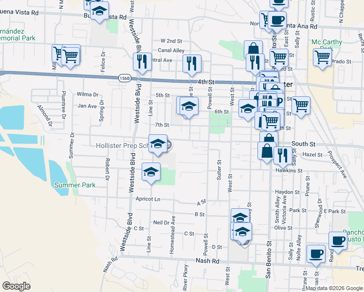 map of restaurants, bars, coffee shops, grocery stores, and more near 730 Walnut Lane in Hollister