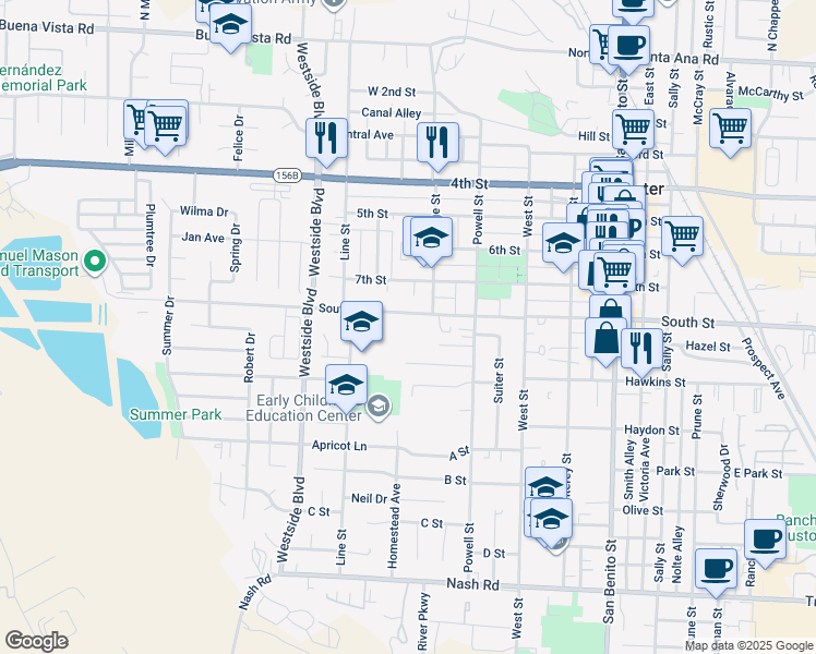map of restaurants, bars, coffee shops, grocery stores, and more near 730 Walnut Lane in Hollister