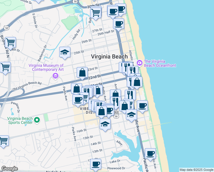 map of restaurants, bars, coffee shops, grocery stores, and more near 418 20th Street in Virginia Beach