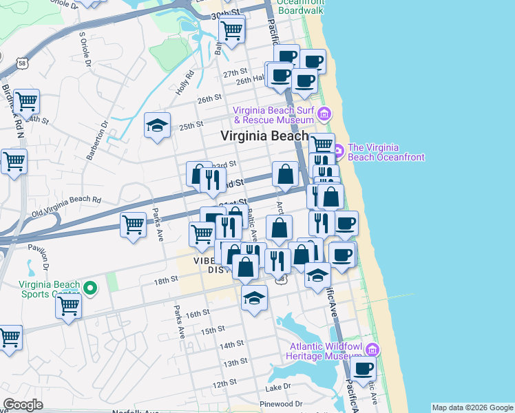 map of restaurants, bars, coffee shops, grocery stores, and more near 418 20th Street in Virginia Beach