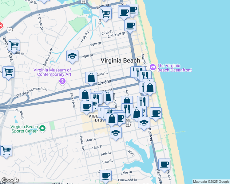 map of restaurants, bars, coffee shops, grocery stores, and more near 418 20th Street in Virginia Beach