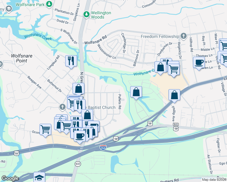 map of restaurants, bars, coffee shops, grocery stores, and more near 437 East Farmington Road in Virginia Beach