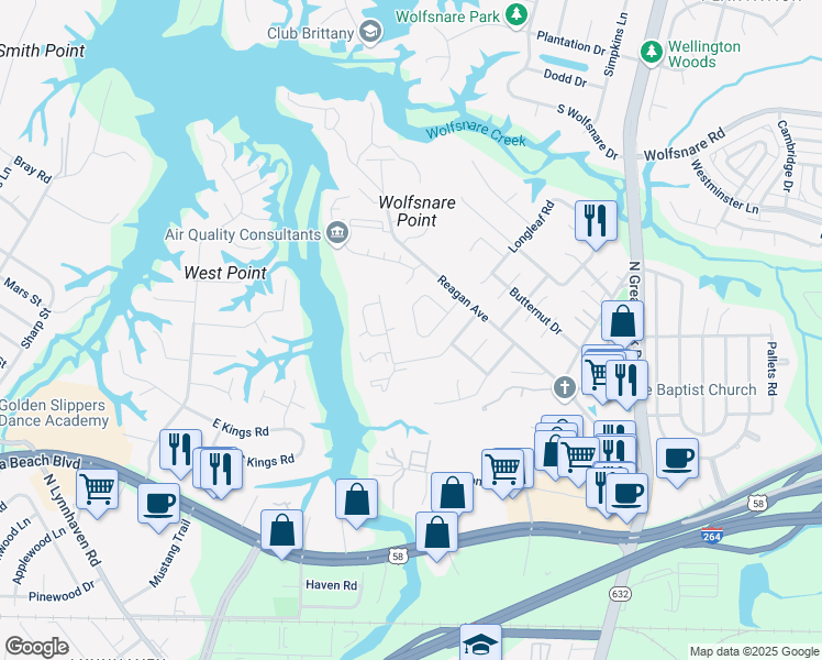 map of restaurants, bars, coffee shops, grocery stores, and more near 2502 Back Acres Road in Virginia Beach