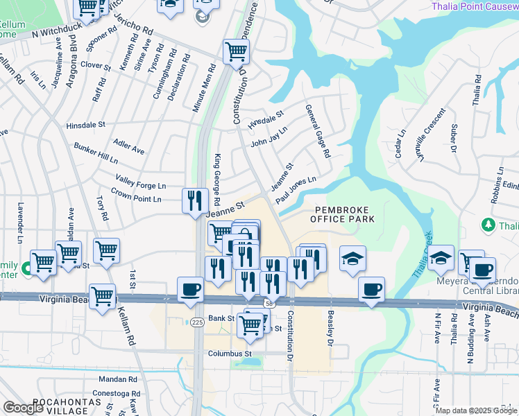 map of restaurants, bars, coffee shops, grocery stores, and more near 360 Constitution Drive in Virginia Beach