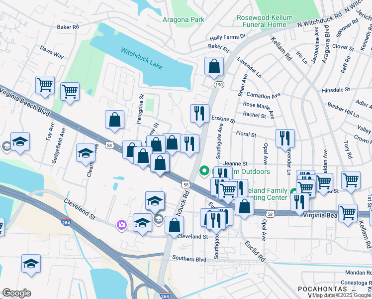 map of restaurants, bars, coffee shops, grocery stores, and more near 5112 Virginia Beach Boulevard in Virginia Beach